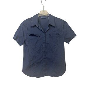 Karen Scott Size Large Button Down Navy Short Sleeve Stretch Cotton Shirt